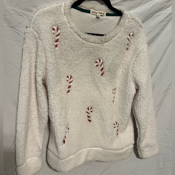 Sz XL Cream Sherpa Christmas Holiday Glitter Candy Canes - Picture 2 of 6